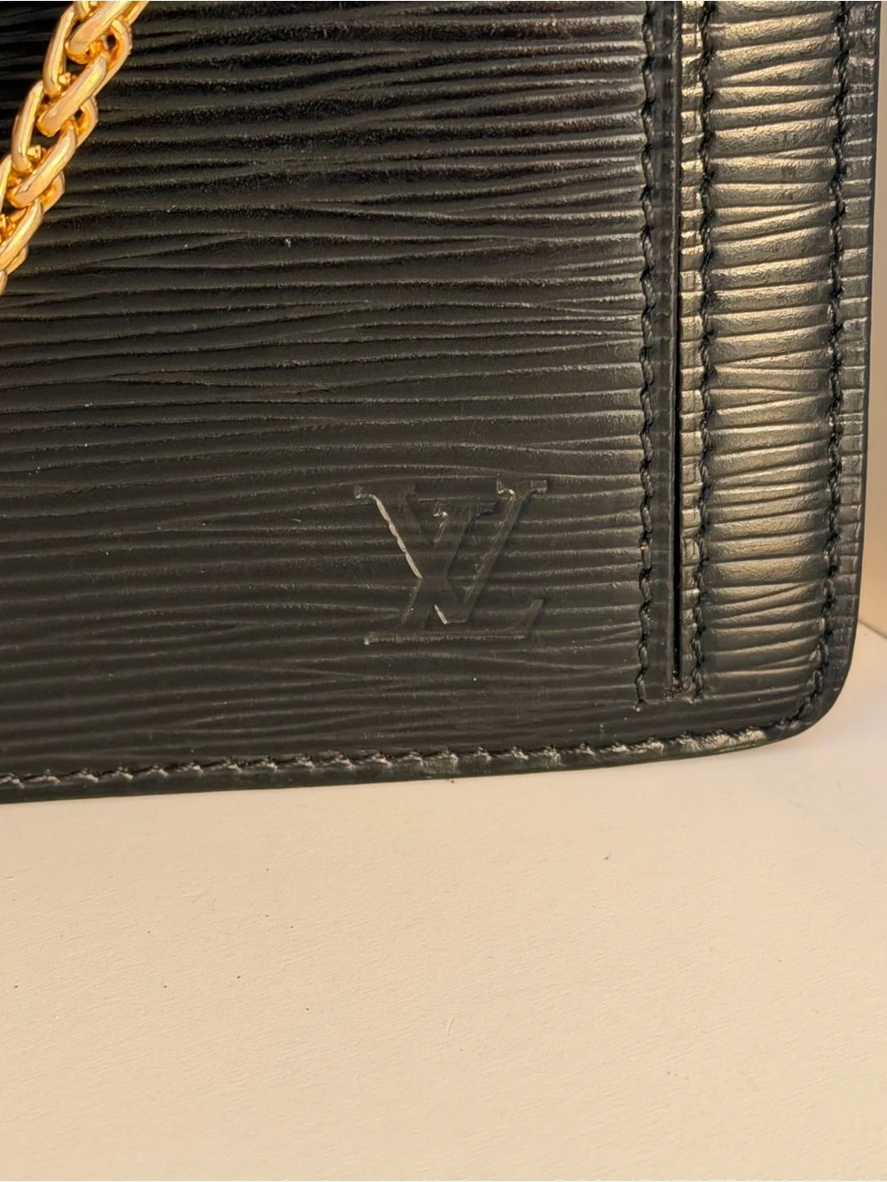 Louis Vuitton Black Epi Leather Clutch with Gold Chain